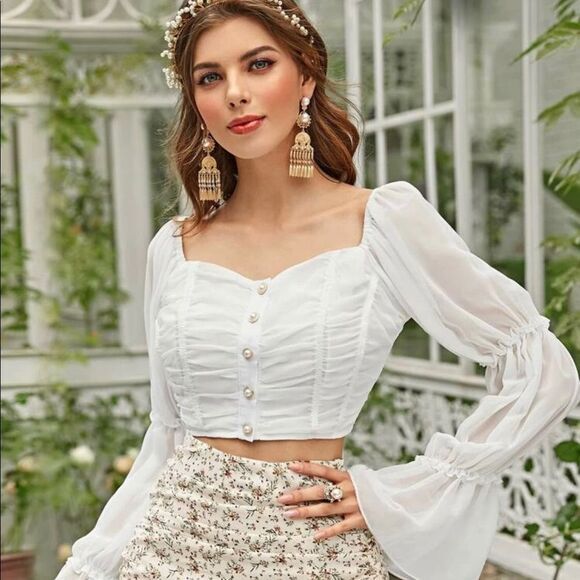 SHEIN Tops - Ruched Button Up Crop Top